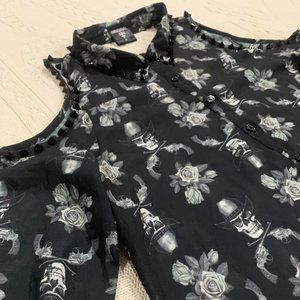 Cowboy Skull & Roses Studded Sheer Cold Shoulder Top